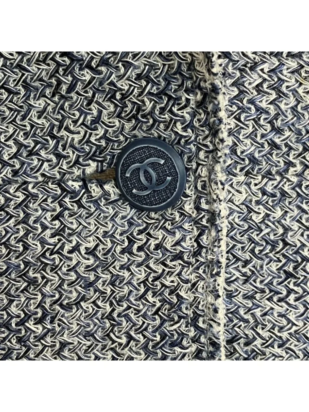Chanel Lining Camellia CC Logo Button Linen Summer Tweed Jacket 38 Navy